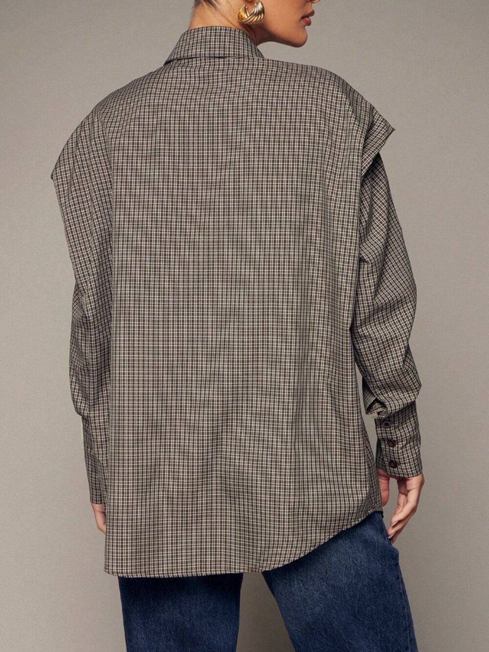 Coffee Brown Casual Women's Plaid Drop Sleeve Shirt - Picture 2 of 5